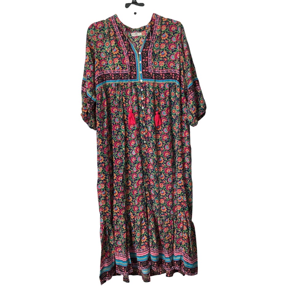 Natural Life Maxi Dress XL Navy Pink Boho Floral Tassel Tiered Rayon